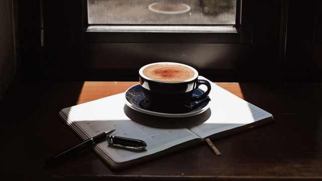 Coffee desk pen notebook stilllife free wallpaper for desktop - medium preview image