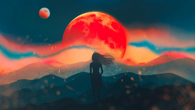 Woman hill red moon fantasy free wallpaper for desktop - medium preview image