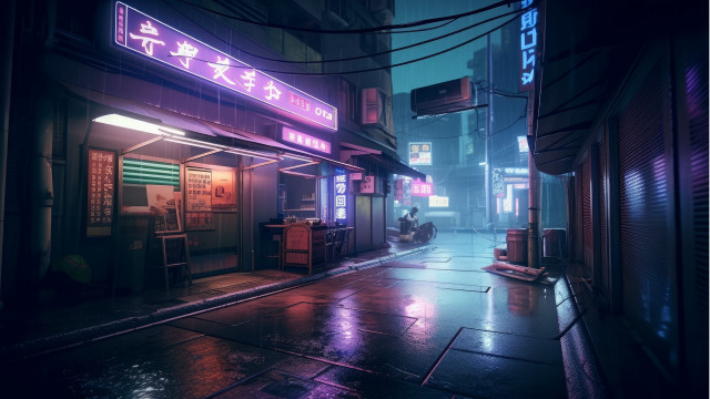 Neon street rainy night cyberpunk free wallpaper for desktop - medium preview image