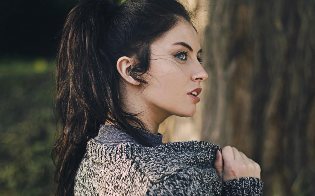 Woman tree ponytail sweater portrait free wallpaper for desktop - medium preview image