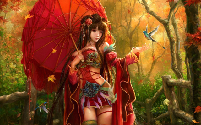 Woman red umbrella forest bird free wallpaper for desktop - medium preview image