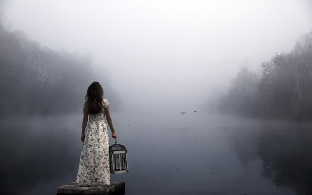 Woman dress suitcase dock foggy free wallpaper for desktop - medium preview image