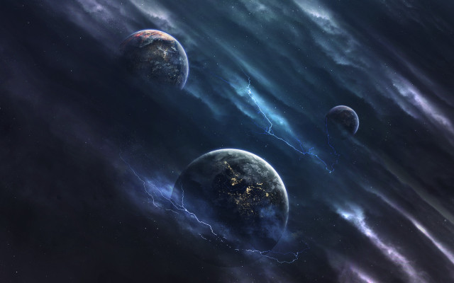 Planets clouds lightning purple blue free wallpaper for desktop - medium preview image