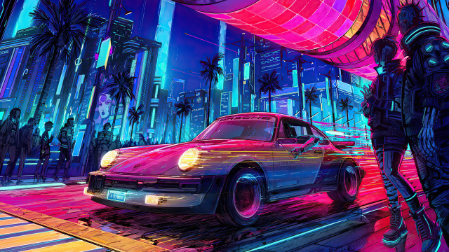 Neon lit city retrofuturism cyberpunk free wallpaper for desktop - medium preview image