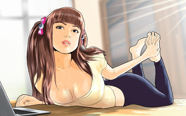 Woman laying bed laptop giantess free wallpaper for desktop - medium preview image