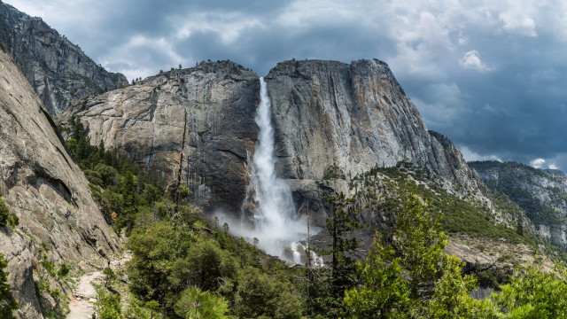 Waterfall mountain forest clouds rocks free wallpaper for desktop - medium preview image