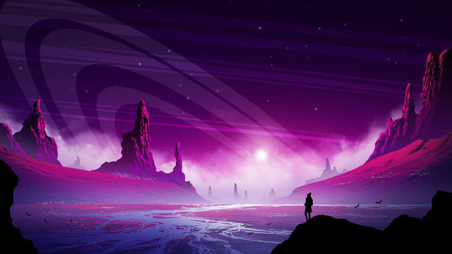 Cliff man purple sky starfield free wallpaper for desktop - medium preview image