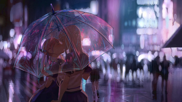 Woman umbrella rain city night #2 free wallpaper for desktop - medium preview image