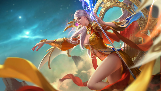 Woman sword gold outfit blue free wallpaper for desktop - medium preview image