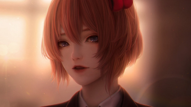 Anime character red bow looking free wallpaper for desktop - medium preview image