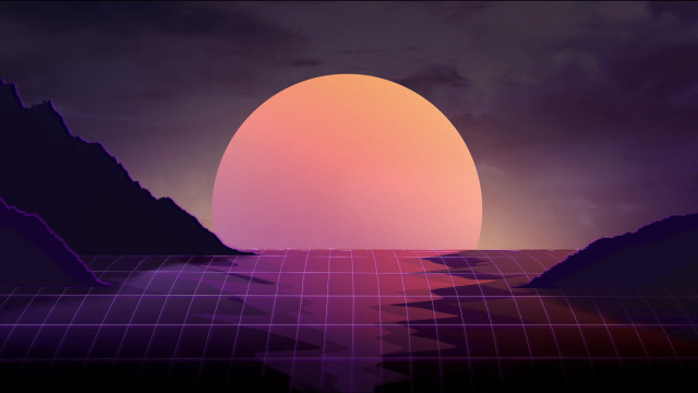 Sunset mountain grid fence synthwave free wallpaper for desktop - medium preview image