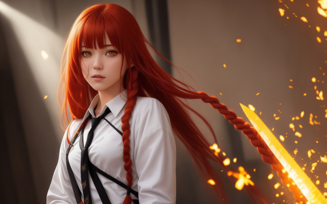 Red haired woman sword fire free wallpaper for desktop - medium preview image