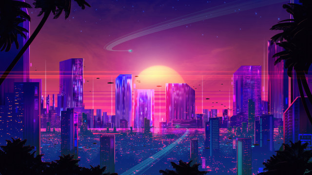 Futuristic city sunset palm trees free wallpaper for desktop - medium preview image