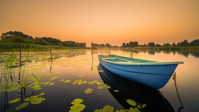 Small boat lake lilies sunset free wallpaper for desktop - medium preview image