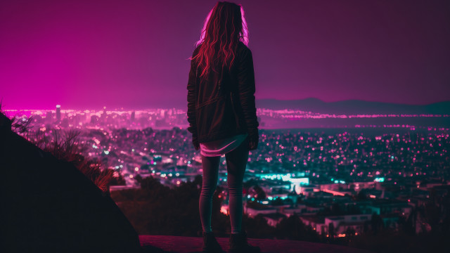 Woman hill city lights night free wallpaper for desktop - medium preview image