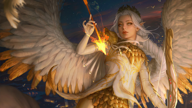 Angelic woman fire sword wings free wallpaper for desktop - medium preview image