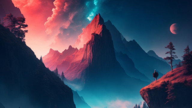 Cliff man mountain fullmoon clouds free wallpaper for desktop - medium preview image