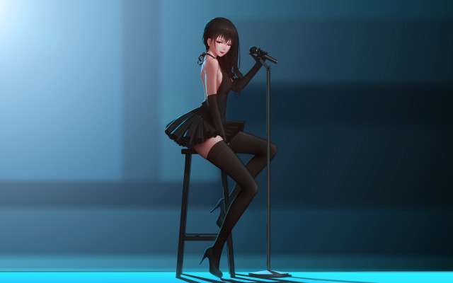 Woman black dress microphone sitting free wallpaper for desktop - medium preview image
