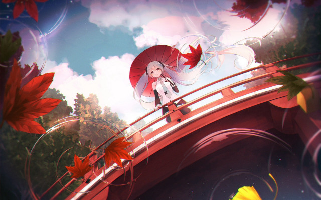 Girl umbrella bridge autumn leaves free wallpaper for desktop - medium preview image