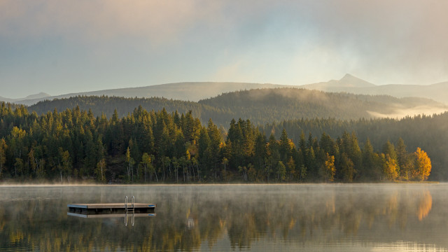 Boat lake forest mountains fog free wallpaper for desktop - medium preview image