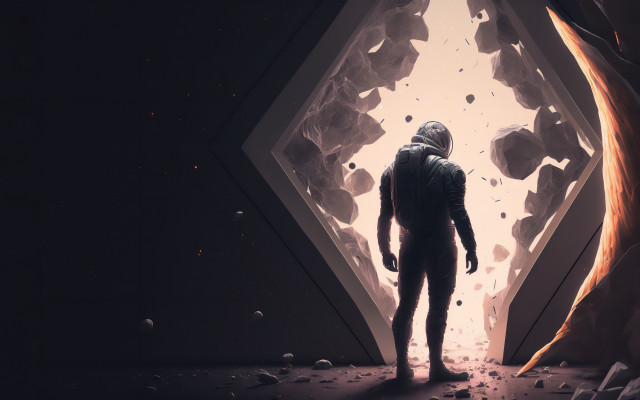 Man doorway spacesuit rocket night free wallpaper for desktop - medium preview image