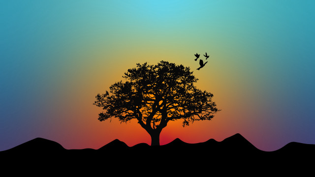 Tree birds sunset mountains minimalist free wallpaper for desktop - medium preview image