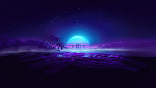 Futuristic landscape night city palm free wallpaper for desktop - medium preview image