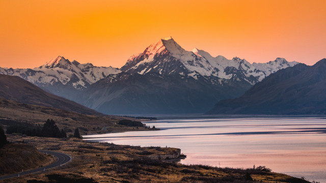 Mountain lake road sunset orange free wallpaper for desktop - medium preview image