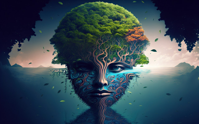 Woman tree water mountain psychedelic free wallpaper for desktop - medium preview image