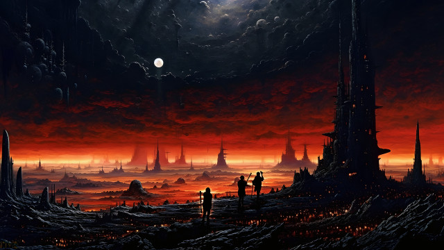 Red sky moon city embers free wallpaper for desktop - medium preview image