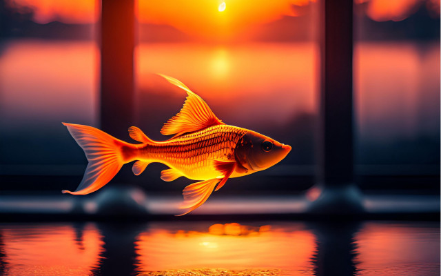 Goldfish sunset window reflection autumn free wallpaper for desktop - medium preview image