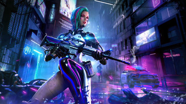 Futuristic woman cyberpunk city gun #2 free wallpaper for desktop - medium preview image