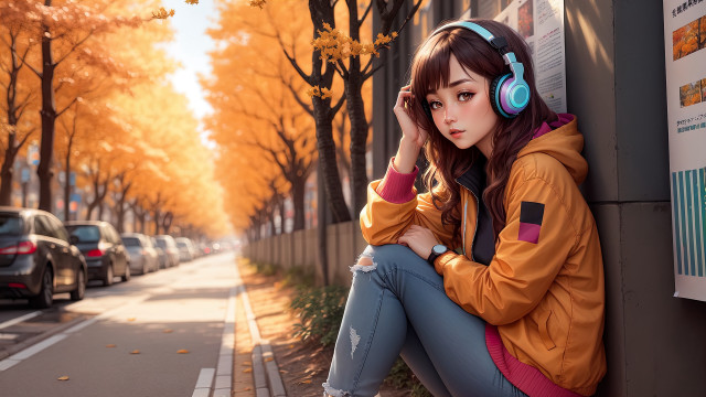 Girl road headphones autumn leaves free wallpaper for desktop - medium preview image