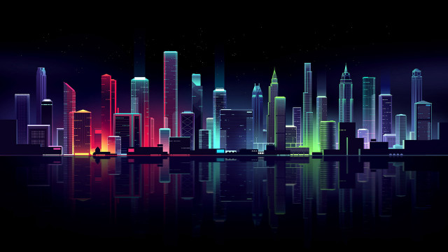 Cyberpunk city skyline night reflections free wallpaper for desktop - medium preview image