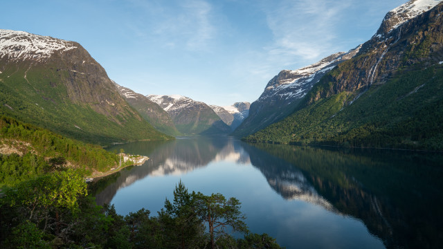 Lake mountains trees snow blue free wallpaper for desktop - medium preview image