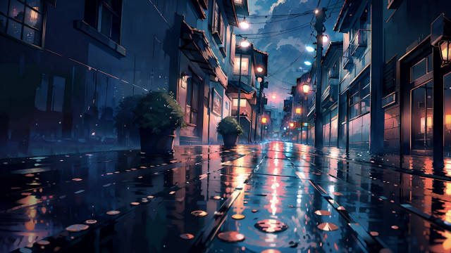City street night rain potted free wallpaper for desktop - medium preview image