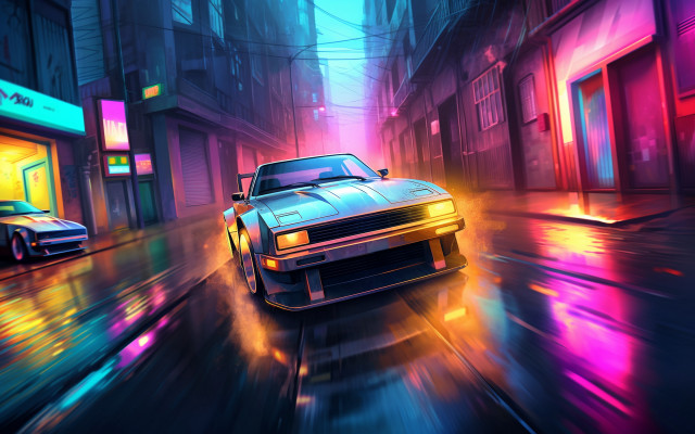 Neon city street night car free wallpaper for desktop - medium preview image
