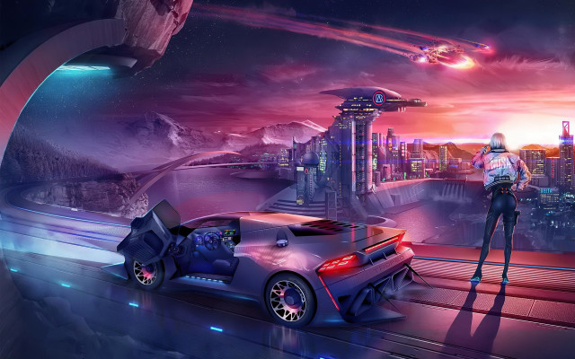 Futuristic city man car matte free wallpaper for desktop - medium preview image