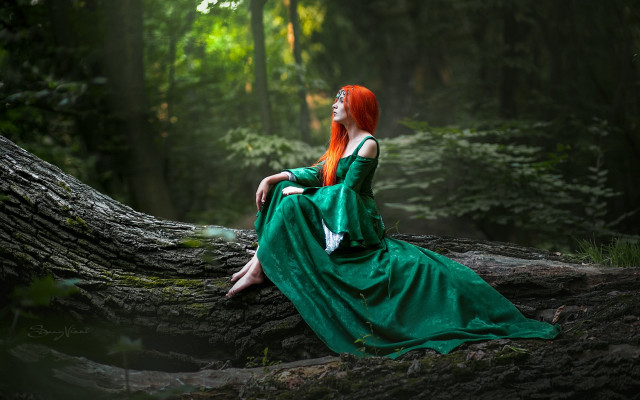 Red haired woman forest green free wallpaper for desktop - medium preview image