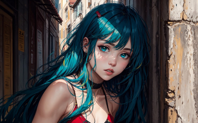 Blue hair green hair fantasy free wallpaper for desktop - medium preview image