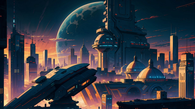 Futuristic city spaceship architecture night free wallpaper for desktop - medium preview image