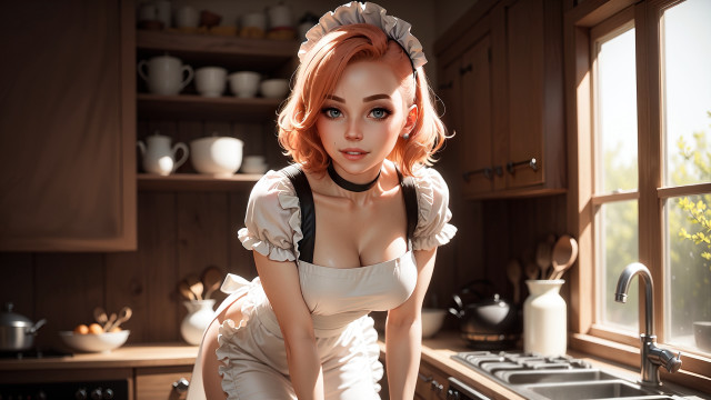 Woman white dress kitchen apron free wallpaper for desktop - medium preview image