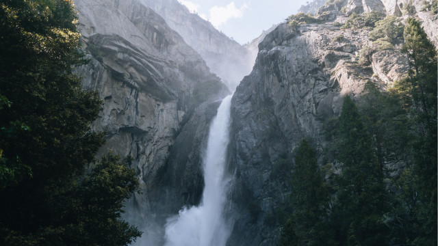 Waterfall canyon trees mountains cloudy free wallpaper for desktop - medium preview image