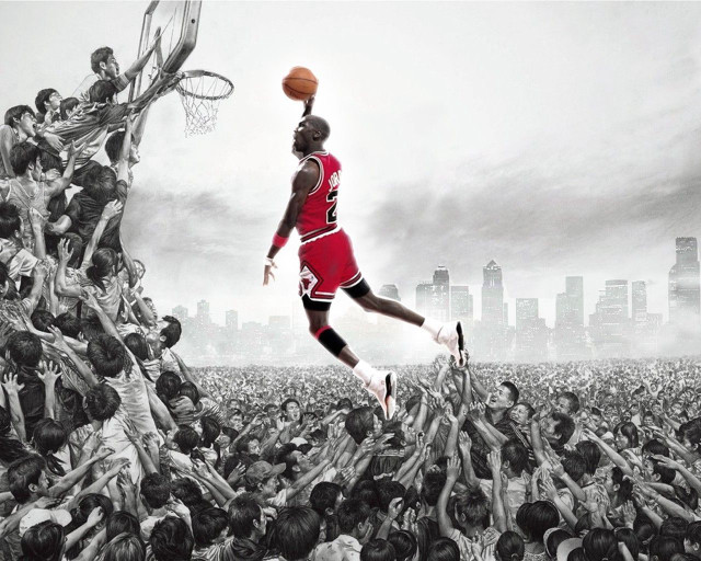 Man red jersey jumping basketball free wallpaper for desktop - medium preview image