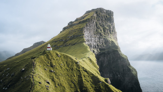 Lighthouse grassy hill ocean mountain free wallpaper for desktop - medium preview image