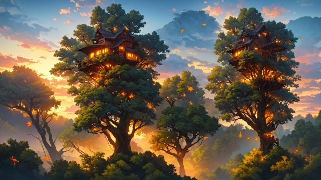 Tree house forest sunset bird free wallpaper for desktop - medium preview image