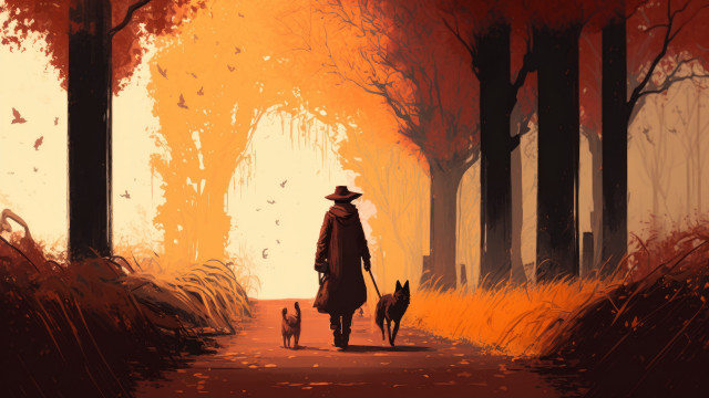 Man walking dog autumn forest free wallpaper for desktop - medium preview image