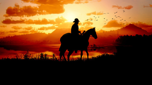 Horse riding sunset birds lake free wallpaper for desktop - medium preview image