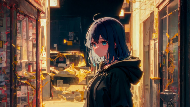 Woman doorway black hoodie anime free wallpaper for desktop - medium preview image