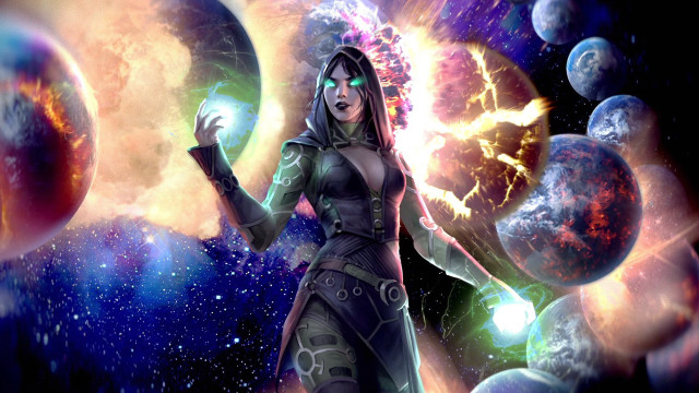 Woman space suit glowing ball free wallpaper for desktop - medium preview image